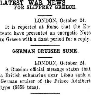 LATEST WAR NEWS. (Clutha Leader 26-10-1915)