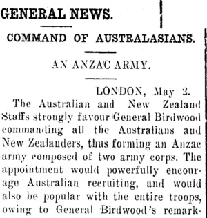 GENERAL NEWS. (Clutha Leader 5-5-1916)