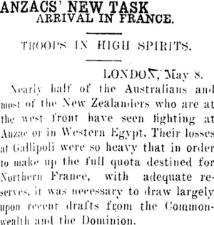 ANZACS' NEW TASK. (Clutha Leader 12-5-1916)