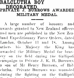 BALCLUTHA BOY DECORATED. (Clutha Leader 12-12-1916)