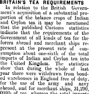 BRITAIN'S TEA REQUIREMENTS. (Clutha Leader 1-6-1917)