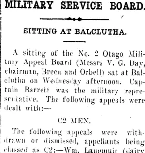 MILITARY SERVICE BOARD. (Clutha Leader 10-8-1917)