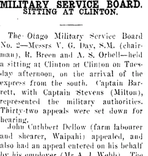 MILITARY SERVICE BOARD. (Clutha Leader 16-2-1917)