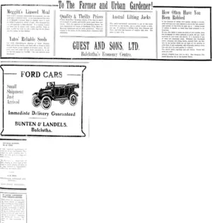 Page 1 Advertisements Column 1 (Clutha Leader 6-8-1918)