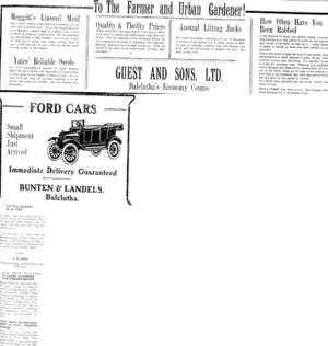 Page 1 Advertisements Column 1 (Clutha Leader 13-8-1918)