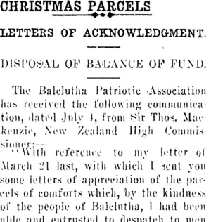 CHRISTMAS PARCELS. (Clutha Leader 6-9-1918)