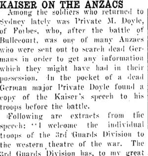 KAISER ON THE ANZACS. (Clutha Leader 18-1-1918)