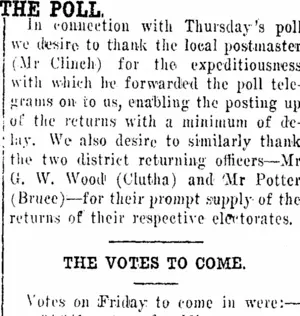 THE POLL. (Clutha Leader 15-4-1919)