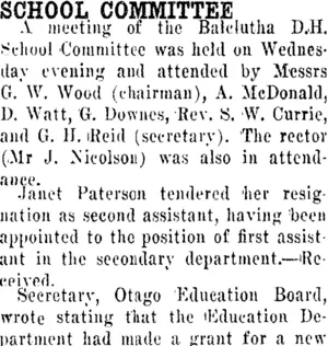 SCHOOL COMMITTEE. (Clutha Leader 7-3-1919)