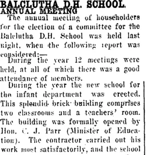 BALCLUTHA D.H. SCHOOL. (Clutha Leader 20-4-1920)