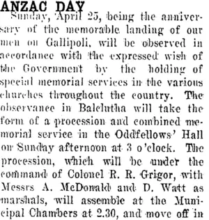 ANZAC DAY. (Clutha Leader 23-4-1920)