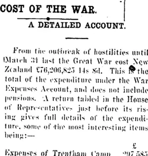 COST OF THE WAR. (Clutha Leader 26-11-1920)
