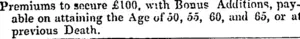 Premiums to secure ��100, with Bonus Additions, payable on attaining the Age of 50, 55, 60, and 65, or at previous Death. (Daily Southern Cross, 21 September 1855)