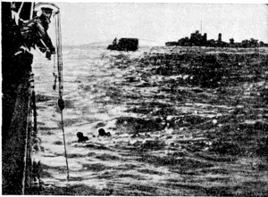lAST OF A GERMAN U-BOAT: The first photograph of the sinking of a U-boat. Two of the crew are seen swimming to a rescuing British destroyer while another on the conning tower of the submarine prepares to leave. (Ellesmere Guardian, 31 May 1940)