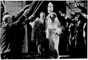 Spencer Dlgby Photo. Two New Zealand golf champions were married on Saturday,.when Miss S. Collins ivas united to Mr. J. P. Hornabrookat Garterton. The guard of honour of golfer friends are seen outside the forming an arch of golf dubs. The bride won the New Zealand women s golf championship in 1938, and Mr. Hornabrook is the holder of the men's amateur and open titles. (Evening Post, 01 April 1940)
