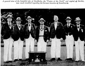 Evening Post" Photo. Wellington's champion of champions' four-at Khandallah on Saturday for the presentation of the prizes ceremony. From the left, Mr. M. Casey,'president of the .New Zealand,, Bowling Association; Mr. T. Lock, ■'president of the Khandallah Club and the Wellington Centre; the four successful members of the Lyall Bay team,- W.F. Sherwood, A. E. Morris, J. Fleming, and F. Dick; and .Mr.' A.'..F.; Spiller, ... . , ...... secretary* of association and centre. (Evening Post, 15 April 1940)