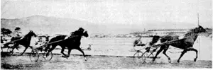 Evening Post" Photo. , Green and Hata Phota The finish of the R. A. Armstrong Memorial Handicap at the Right, the Prime Minister (the Hon. Peter FraserJ^ chatting with Wellington Trotting Club's Meeting at Hutt Park on Saturday. Mr. E. T. Tirikatene, M.P. *for Southern Maori, at the Akaroa Jesse Owens is seen winning from Regal and Accountant. Centenary celebrations. (Evening Post, 22 April 1940)