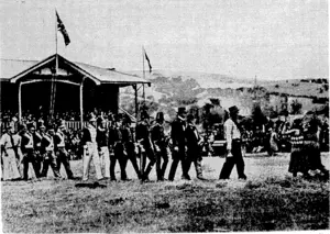 Green and Hahn Photo. Scenes at the Akaroa Centenary celebrations. Left, above, the landing of the settlers re-enacted. Right, the officers of H.M.S. Britomart arriving. (Evening Post, 22 April 1940)