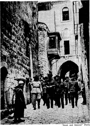 Members of the first Australian contingent of the Second A.1.F., now established in various camps in Palestine, visit the Via Dolorosa in Jerusalem. The visit was made under an officiallysponsored scheme for taking the men to places of interest. (Evening Post, 22 April 1940)