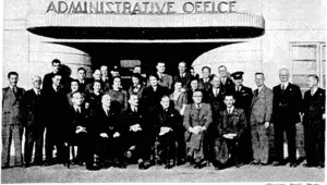 Members of the administrative staff of the Centennial Exhibition, photographed before its close. In the front row, from left, are Mr. L. H. Heslop (auditor), Major L. C. Forgie (accountant), Colonel H. E.'Avery'.(secretary ■ and assistant manager), Mr. C. P. Haihsworth (general manager), Mr. S. V, ' V i ' ■ ■•'• Fernandez:([chief, clerk)? andMr.F.Wilton (director of admissions). (Evening Post, 06 May 1940)