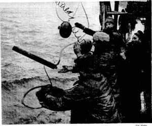 Incidents of the incessant attack:on Nazi mines are.shown here. On the left, men on a British minesweeper have dropped the oropesa sweep over the side. It will swing away, at a wide angle from the side of the ship and hold one end of a wire designed to strike the mooring cable of a mine. Above, what is described as the "magnetic sweep" being thrown overboard. A sinker and floats are .attached. (Evening Post, 06 May 1940)