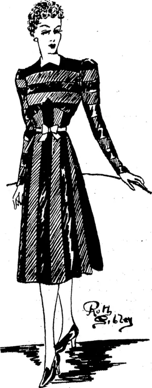 Crepe satin is very popular for smart occasions, and many good effects are created by contrasting the crepe and satin surfaces as in this model, which gives a striped effect in one colour. Pastel, rib' bons at the waistline are smart. (Evening Post, 11 May 1940)