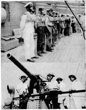 F. G. Shaw Photo.. Lije. on. a British merchant ship in time, of war. Top, gas-mask and lifeboat drill at sea. Below, the ship's gun creiv practising ivith a 12-pounder anti-aircraft gun. (Evening Post, 07 June 1940)