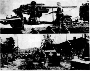 The. shadow of the blitzkrieg—lightning war—in Europe. 'All through, the German army has made this war, mechanised. Columns of tanks, armoured cars, and trucks carrying infantry cut across the country in a swift rush to seize the invaded land and to smash opposition. Mobile anti-aircraft guns (top) protect the mechanised columns against attack from the air. (Evening Post, 12 June 1940)