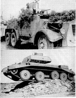 Sport and General" Photo. Tanks and armoured cars are being-made as fast as possible in special factories in England in preparation jor the possibility of invasion. Top, armouredcars ofthe typer which are being.used in Eire as well as in England. ■ Below, testing a "cruiser" tank over rough country. (Evening Post, 26 June 1940)