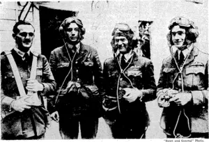 Three of the officers mid a sergeant-observer of the Royal Air Force who have received special commendation for.their daring operations with bombers: overithei German lines. One of them-is a New Zealander, Flying-Officer R. D. Max (extreme right), of Nelson, .who received the French distinction of the Croix de Guerre^ together with Sergeant-Observer J. A. McCudden; (second from left).' ■' (Evening Post, 26 June 1940)