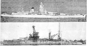 Two of the French battleships referred to in today's news of the action taken by Britain to prevent the use of French warships by the enemy. Top, the battleship Dunkerque, 26,500 tons, which escaped but was torpedoed. Belcuv, the Bretagne, a battleship of 22,189 tons, representative of a class of which one was. sunk. (Evening Post, 05 July 1940)