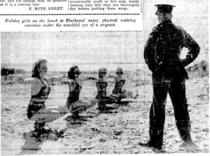 Holiday girls on the beach at Blackpool enjoy physical training exercises under the watchful eye of a sergeant. (Evening Post, 06 July 1940)