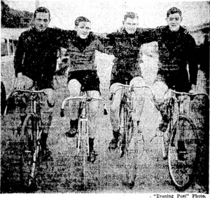 Poneke Cycling Club's junior team, ivinners of last Saturday's race for the Hope Gibbons Junior Shield. From left, J. Spaikes, P. Anderson, R. Sandilands, I. Stott. (Evening Post, 06 July 1940)
