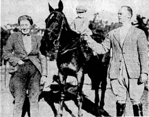 At the Marlborough Hunt Club's Point-to-Point Meeting at Seddon this week.. Flight Lieutenant and Mrs. A. G. Hill with their small son on Pompey. Ridden by Mr. Hill, Pompey was second in the heavyweight race at the meeting. (Evening Post, 27 July 1940)