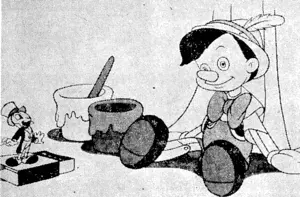 Here you have Jimmy Cricket delivering one of his orations to Pinocchio, the little puppet boy whose many adventures as set forth by Walt Disney are to be seen at the King's Theatre from tomorrow. (Evening Post, 15 August 1940)