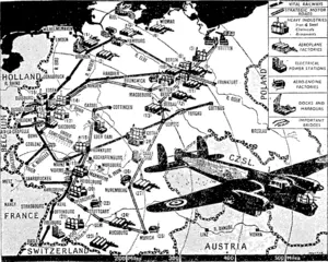 In this picture map, from "War Illustrated" many of the vital centres of Germany''s industrial organisations and communications are shown, and indicate the principal targets of attack by the R.A.F. The numbers indicate the location of important factories. 1, Bloem and Voss, aircraft; 2, Arado; 3, Bloem and Voss, aircraft; 4, Dornier, aircraft; 5, Scherling-Kallbaum, chemical factory; 6, Rheinmetall-Borsig, guns and tanks; 7, Deutsch Munitions; 8, Electric Power Station Company; 9, Heinkel, aircraft; 10, Arado; 11, Henschel, aircraft; 12, Arado; 13, Junkers; 14, Dortmund-Union, steel; 15, Krupps; 16, Rheinmetall, steel; 17, Dusseldorf Steelworks; 18, Leuna, synthetic fuel and nitrogen; 19, Mauser, machine-guns; 20, Deutsch Munitions; 21, Rottweil, high explosives; 22, Mercedes-Benz, aero engines; 23, Dornier: 24, Messerschmitt; 25, Mercedes-Benz; 26, Zundapps; 27, Messerschmitt; 28, Leuna. (Evening Post, 29 August 1940)