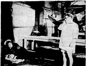 Sandy Powell in rather queer plight in "All at Sea," the comedian's newest pied"*. "Which is to remain at the Plaza Theatre for another week* (Evening Post, 29 August 1940)