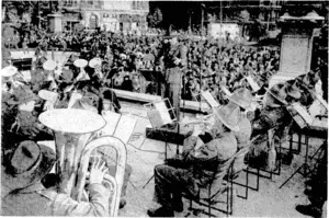 Wide World" Photo. A New Zealand military band playing on top of an air-raid shelter in Trafalgar Square, London, on August 30. (Evening Post, 21 September 1940)