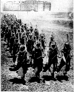 Sport and General" Photo. Men of the desert patrol of the Arab Legion on the march. In the background is a fort built in the thirteenth century and used by the ' . Kings of Damascus. (Evening Post, 21 September 1940)