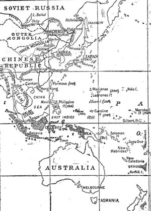 The 'Western Pacific, showing the geographical relationship of Japan, French Indo-China, the Netherlands East Indies (shaded), and the principal Japanese and American island possessions. (Evening Post, 21 September 1940)