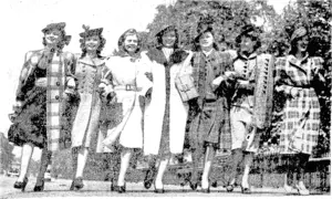 Typical examples of British export fashions worn by girls who are seen strolling in a London park after taking part in. a Sportswear Fashions Exhibition at the Dorchester Hotel on August i. (Evening Post, 21 September 1940)