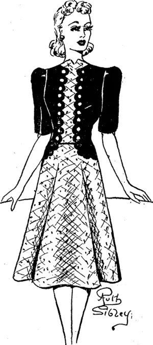 Velvet and tiveed make a lovely combination for a winter dress. A good design to carry through to the spring. (Evening Post, 21 September 1940)