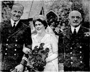 Lieutenant and Mrs. D. R. Duff emerging from St. Michael's, Chester Square, London, after their recent wedding. With them is the bride's father, Admiral of the Fleet Sir Dudley Pound, who is First Sea Lord and Chief of the Naval Staff; (Evening Post, 21 September 1940)