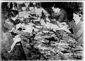 Girls making aeroplanes in a London toy factory. Since the outbreak of war British toy exports have increased by 50 per cent., and China, Peru, Chile, and Argentina, as well as the Dominions and the United States, ar.e among those who are buying British toys in ' increasing quantities. (Evening Post, 25 September 1940)