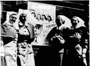 A happy coincidence. Four sisters of the A.I.F. snapped outside a picture theatre in Palestine. (Evening Post, 28 September 1940)