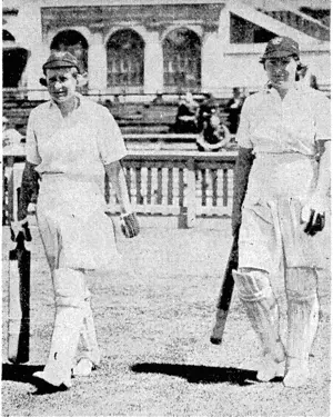 Evening Post" Photo. Misses A. Fache (left) and I. Stevens :going out to bat for Otago at the Basin Reserve yesterday in the Hollyburton Johnstone Shield cricket match against' Wellington. (Evening Post, 17 January 1940)