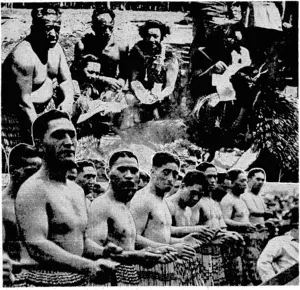 Maoris played a leading part-in the ceremonies-at the ipweiling of. the [Provincial Memorial. Above, a hot meal, cooked'^in-::the---Mdqri\manrier, ■ ready, for serving. Below, some of the .warriors, .wearing itoiraditioriakpiu+pfa (Evening Post, 23 January 1940)