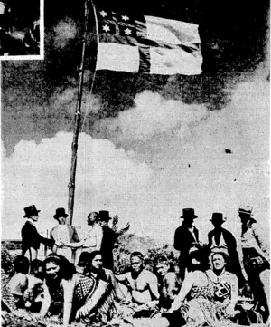 Maori andVPdkeha shaking hands beneath the flag hoisted on the beach at of seklers on the Tory,-the second scene of .the p . ;.•...„...•.■.:..> .: /:•..■..•;.'■■■■.■ .';':'" ■ Recreation Ground^ : ■':'.' ■"■■..''.",','^'-■■".'^'■: ■;''.^'%VV/;;;-./;:;. (Evening Post, 23 January 1940)