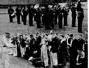 Part of a large draft of new recruits who entered the Central District Mobilisation Camp at Trentham this week and (above) the ■ ■■new-camp' band which played them: into the camp from the Trentham' zdihi way station, s ..'.'.:.... i. ,- (Evening Post, 27 January 1940)