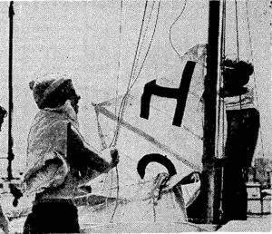 v- ■•" " ■•■ • . -; ''Evening Post" Photo. Lowering the mainsail on one of the yachts at the recent yachting regatta held in Wellington. (Evening Post, 27 January 1940)